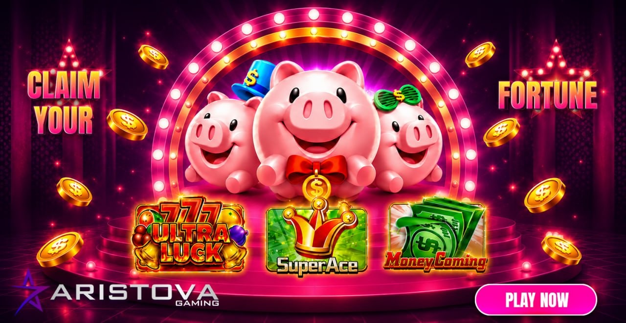 Aristova Gaming artwork featuring pigs, coins and fortune-themed games